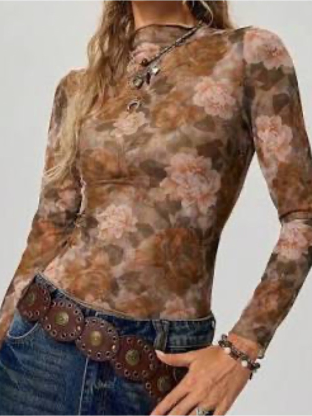 Floral Mesh Long-Sleeve Top - Brown Floral